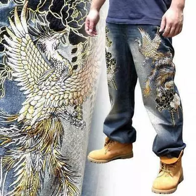 New Japanese Pattern Embroidered Mens Jeans Trousers Denim Totem Phoenix 2023  • $78.01