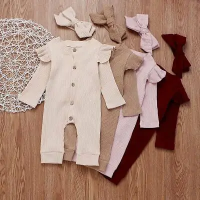 £9.39 • Buy Newborn Baby Girls Ribbed Outfits Romper Jumpsuit Headband Set Infant Clothes