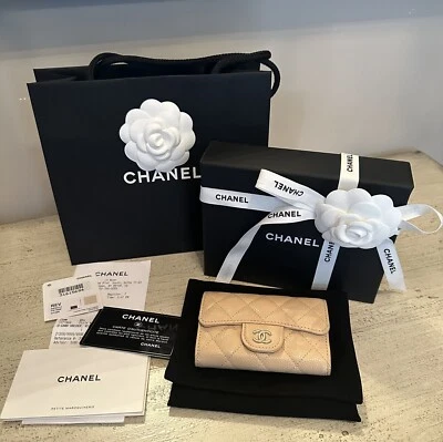 $650 • Buy Chanel Classic Beige Clair Caviar Flap Card Holder Wallet Silver Hardware