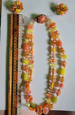 Beaded 2-STRAND NECKLACE Clip On Earrings Orange 1960's Vintage West Germany • $39.69