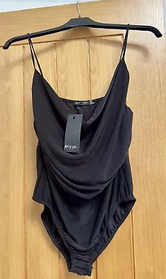 Nasty Gal Size 12 Cowl Neck Black Strappy Party Bodysuit Stretch Soft BNWT • £4