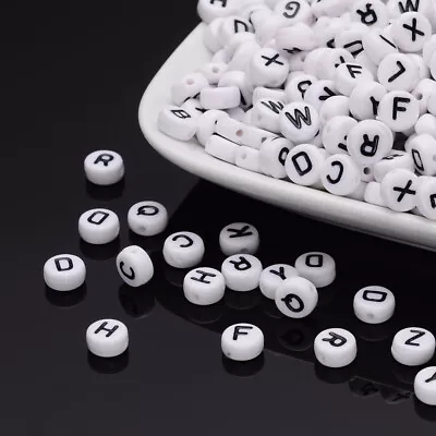 100 Psc 7mm White Flat Round  Single & Mixed  Alphabet Letter Acrylic Beads • £2.59