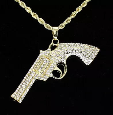 Mens Revolver Gun Pistol CZ Pendant 14k Gold Plated 24  Rope Necklace Hip Hop • $10.97