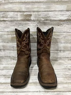 Justin Men’s Brown Leather Square Toe Pull On Western Cowboy Boots WK4681 Sz 9D • $89.77