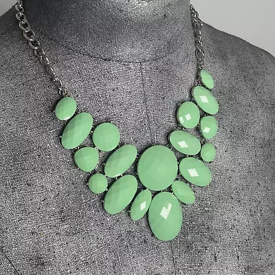 Statement Necklace Mint Green Silver Tone Costume Jewelry Faceted Faux Stones • $15
