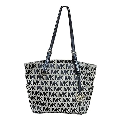 MICHAEL KORS M Brown CANVAS Black LOGO JET SET Signature Tote Handbag End Pocket • $49.49