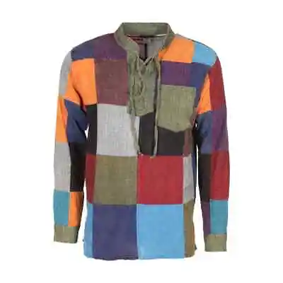 Men's Lace Up Patchwork Shirt Multicoloured Kurta Hippie Boho  • £26.99