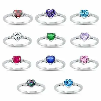 $14 • Buy Sterling Silver Heart Ring Birthstone Color CZ Side Stone 925 Women Size 3-11