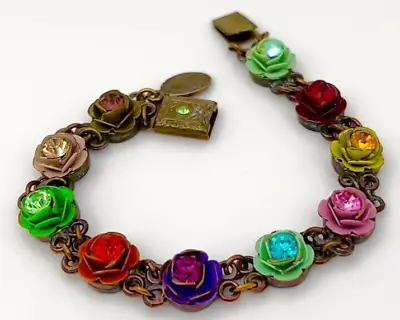 Michal Negrin Bracelet Multicolor Roses Crystal Handmade Flowers Victorian Retro • $75.65