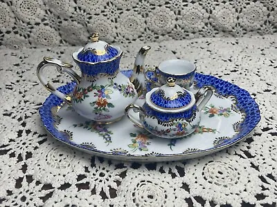 VTG Miniature Porcelain Tea Set Fishtail Blue Gold Stunning With Serving Tray • $28