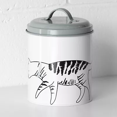 White & Grey Cat Treat Storage Tin With Airtight Lid Food Biscuit Container Jar • £18