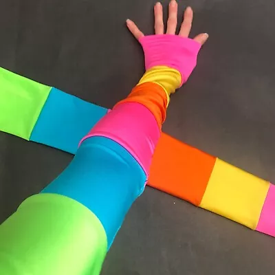 Rainbow Gloves Striped Arm Warmers Patchwork Sleeves Summer Festival Sun Covers • $29