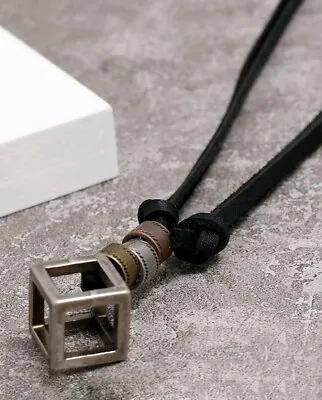 Mens Black Cord Necklace Silver Metal Cube Pendant Adjustable Necklace Gift Him • £8.99