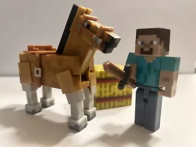 3” Minecraft Figure Steve & Brown Horse - Mojang Jazwares Overworld W/ Hay Block • $11.99