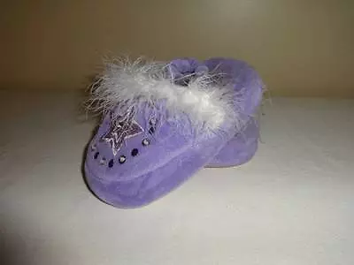 Girls Purple Plush Lavender Slippers Size 7 -8 Maribou Fluff Stars Sequin • $9.99