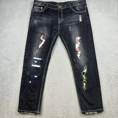 Fashion Jeans Mens 42 Black Gray Denim Hipster 90s Y2K Grunge Rasta Colorful • $21.34