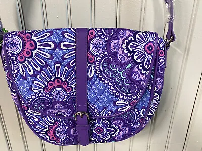 👛💜 VERA BRADLEY Slim Saddle Bag LILAC TAPESTRY Purse Tote Crossbody $58 NEW! • $30