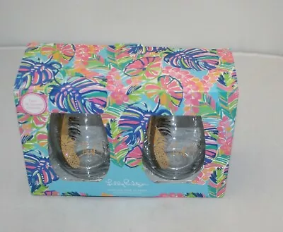 Lilly Pulitzer Stemless Wine Glass Set Of 2 Exotic Garden 16oz Just A Splash NIP • $64.77