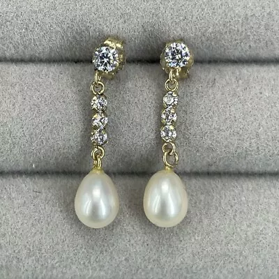 9ct Gold Cultured Pearl Earrings Dangle Droplet Crystal 9k 375 • £50