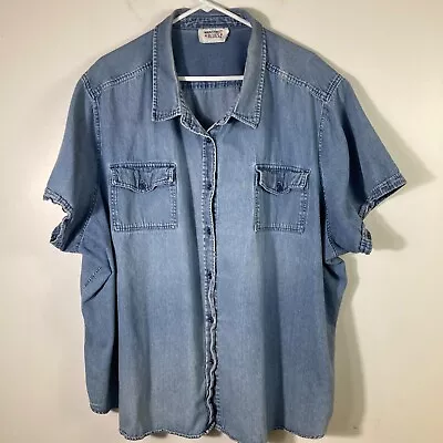 Womens Vintage Main Street Blues Denim Button Shirt Short Sleeves Blue Size 3/4X • $22.50