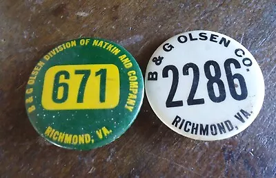 2 Vintage Employee ID Badges Pinbacks / B&G Olsen Co. Richmond VA • $20