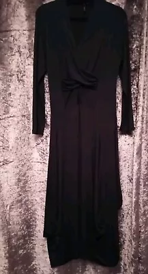 Yong Kim Black Dress With Fully Drape Hemline  v Neck & Long Sleeves Size 14 • £19.99