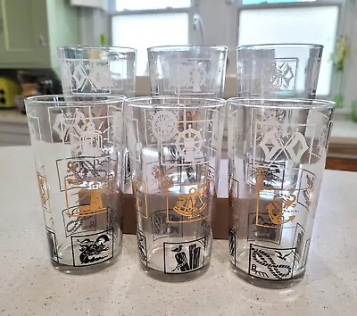 Vtg Mid Century Barware Nautical Glasses Tumblers Gold Black White MCM Set Of 6 • $29.99