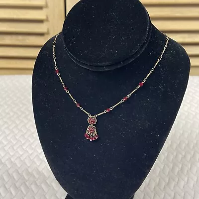 VTG Liz Palacios Antiqued Brass Red Swarovski Crystal Necklace Flower Drop 18” • $26.99