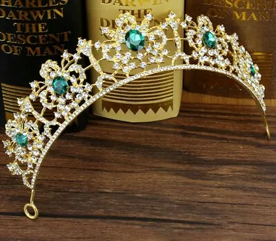 £16 • Buy Green Tiara Gold Diamante Crystals Wedding Prom Bridal Occasions Queen UK 