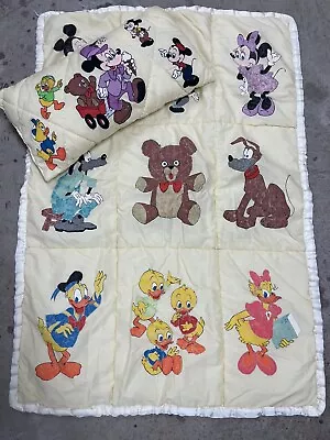 Vtg Disney 2 Pc Crib Set Pillow Comforter QUILT Mickey Minnie And Pluto 28x40 • $18.90