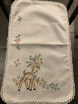 Small Vintage Cloth Hand Embroidery With Baby Deer Dresser Scarf • $6.75