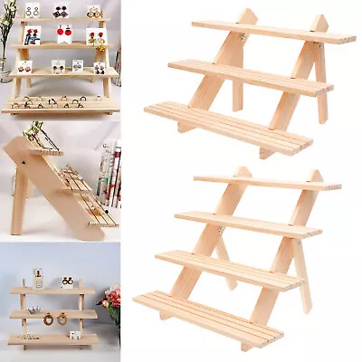 £14.99 • Buy Wooden Display Stand 3/4 Tier Counter Tabletop Display Shelf For Jewellery Rings