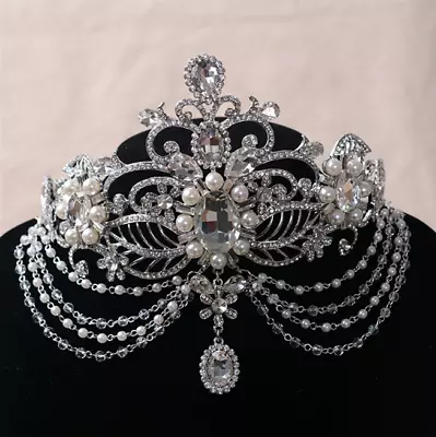 £43.47 • Buy Baroque Shiny Crystal & Pearl Queen Bridal Crown Multilayer Chain Wedding Tiara