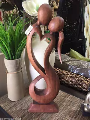 Balinese Abstract Wood Carving Couple Love Heart Sculpture • $32.50