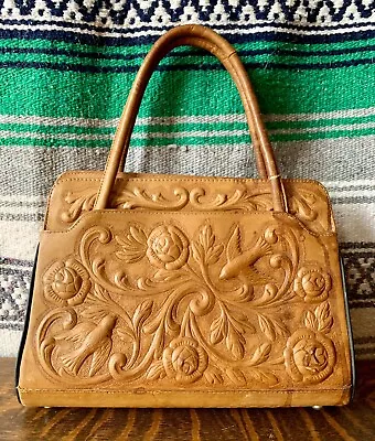 Vintage Hand Tooled Leather Handbag Birds & Roses Mexico  • $20