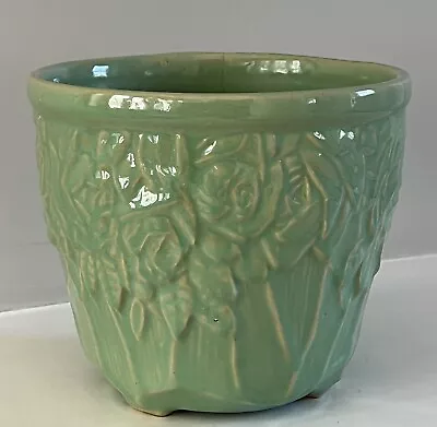 Vintage McCoy Art Pottery Planter Jardiniere Flower Pot | Green Floral Roses • $94.90