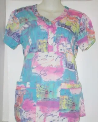 $6.29 • Buy Grey's Anatomy By Barco Watercolor Print Nurse Vet Scrub Uniform Top Size Small