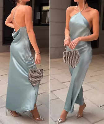 Zara Blue Satin Draped Halter Neck Evening Dress Maxi Long Backless Cross Straps • £29.69