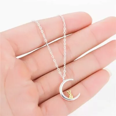 Bunny Moon Necklace Sterling Silver Rabbit Crescent Moon Star Pendant Necklace • $14.97