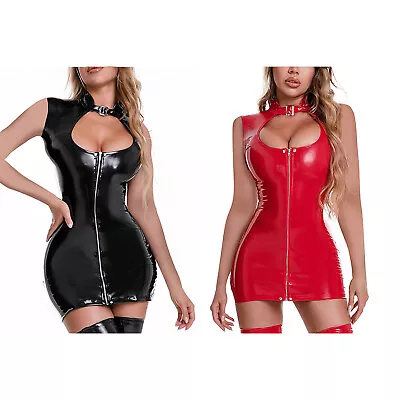 Women Wet Look PVC Leather Mini Dress Front Zipper Bodycon Party Club Dresses • £17.47