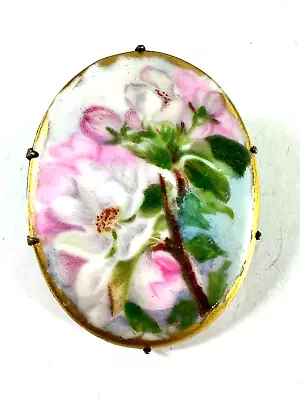 Vintage Brooch Porcelain Handpainted Floral Oval Gilt Edge C-Clasp Victorian • $29