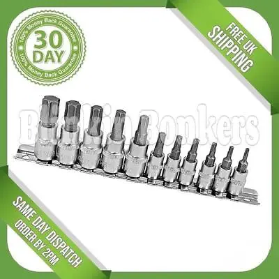 11pc Male Torx Bit Star Socket Set T10 - T60 1/4  & 3/8  Drive Rail Holder Rack • £7.29