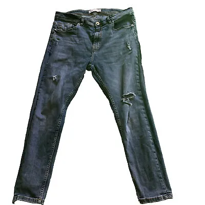 Zara  Men Skinny Jeans Button Fly Distressed Ripped Men's 34 29 Dark Wash A* • $14.80