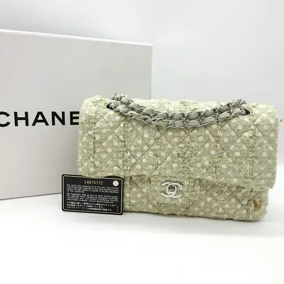 CHANEL Matelasse Double Flap Shoulder Bag Tweed Leather Lace Light Green M573 • £1883.93