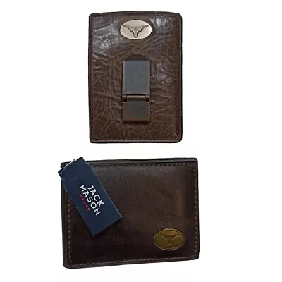 2 Leather Wallets UT TEXAS LONGHORNS JACK MASON +Sample Brown Bifold ID Window • $22.50