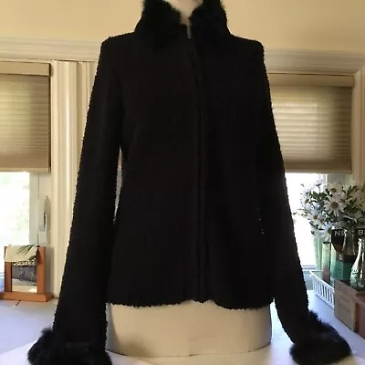 Women’s Black Rabbit Fur Trim Hoodie Full Zip Sweater Size Medium Vintage. • $15.99