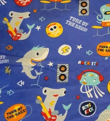 Snuggle Flannel Fabric 100% Cotton- 1 Yard Blue With Rock N Roll Sharks/Octopus • $6.99