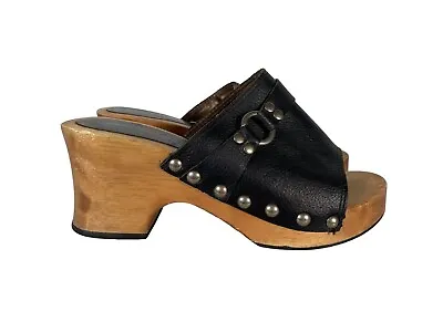 Vintage 90s CANDIES Size 7 Wood Platform Clogs Black Leather Silver Studded Y2K • $39