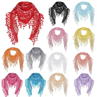 Lace Sheer Floral Print Triangle Veil Church Mantilla Scarf Shawl Wrap Tassel UK • £3.83