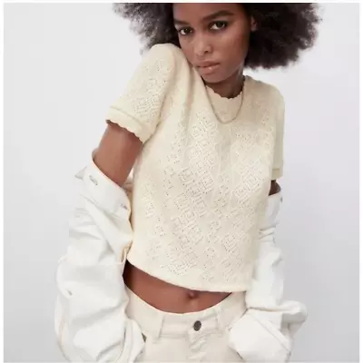 Zara Ivory Lace Open Crochet Knit Jacquard Short Top Blouse • $28